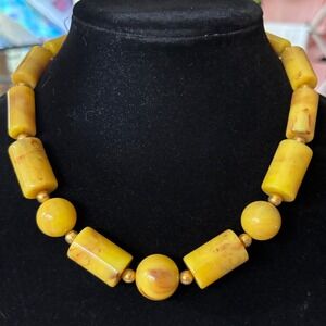 Vintage Shimoda Necklace Yellow Butterscotch Marbled Chunky Bead Japan NOS